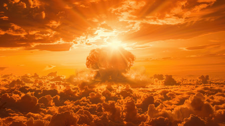 Massive explosion creates a towering mushroom cloud in the sky.の素材