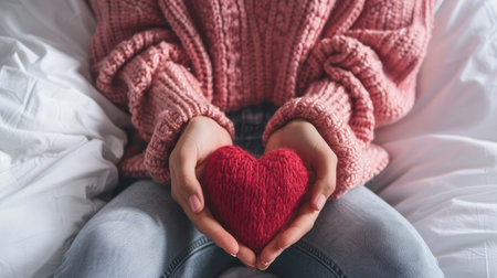 International Day of Charity. Cropped view of woman in pink sweater holding red wool heart on bed.の素材