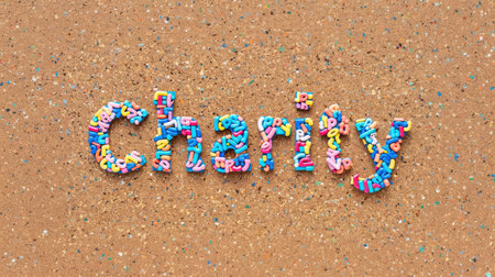 International Day of Charity. Charity word in multi-colored letters on a cork board.の素材