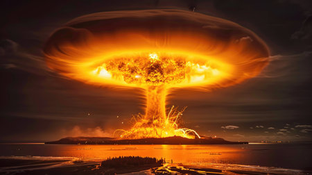 Nuclear explosion on the sea with a lot of smoke illuminating the night.の素材