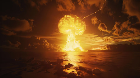 3D illustration of a huge explosion in the sea at sunset.の素材