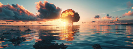 Intense explosion with a fiery mushroom cloud over water.の素材