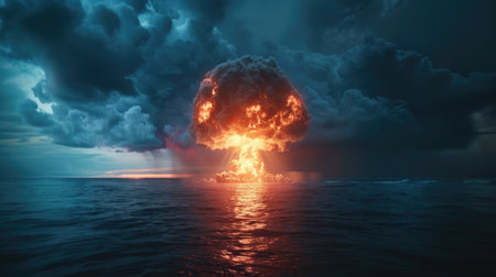 Huge nuclear explosion in the sea at sunset.の素材