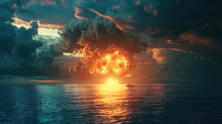 Fiery explosion over the sea at sunset.の素材