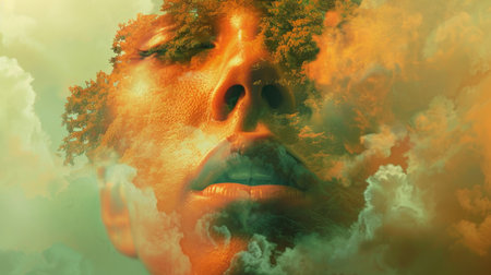 Double exposure portrait of a beautiful woman face with eyes closed against a cloudy sky.の素材