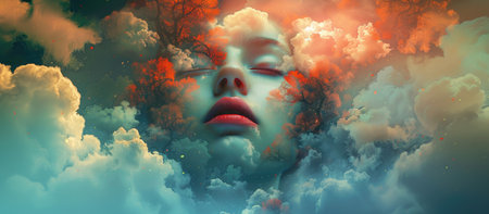 Beautiful woman face with clouds on background. Double exposure.の素材