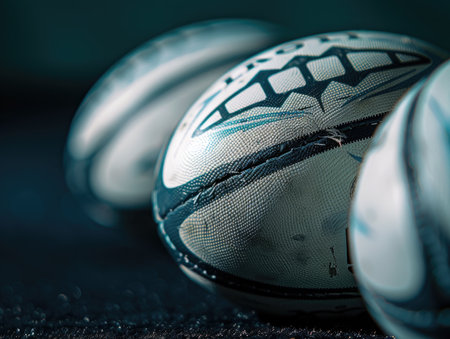 Close up of rugby ball on dark background with shallow depth of fieldの素材