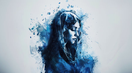Portrait of Mother Mary in a blue veil. Watercolor digital painting.の素材