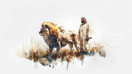 Jesus the Lion of Judah. Digital painting of a man with a lion walking on his side.の素材