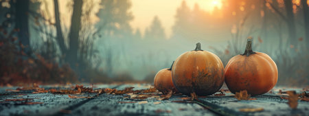 Two pumpkins on a wooden table in a beautiful autumn forest.の素材