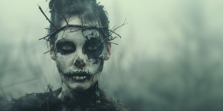 Halloween concept. Close-up portrait of a scary zombie woman in the forestの素材