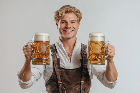 Handsome young man holding beer mugs and smiling while standing against gray background. Oktoberfest.の素材