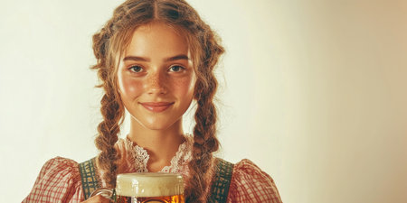 Young woman in traditional Bavarian clothes holding a glass of beer. Oktoberfest.の素材
