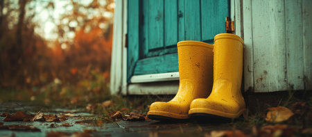 Yellow rubber boots in front of a blue door. Autumn background.の素材