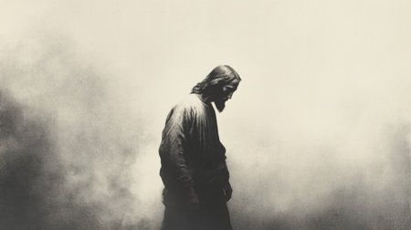 Jesus Christ standing in the smoke. Toned. Profile view.の素材