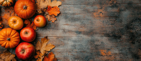 Autumn background with pumpkins and leaves on rustic wooden table.の素材