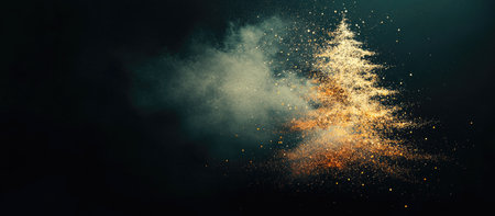 Abstract christmas tree made of golden particles on black background with copy space.の素材