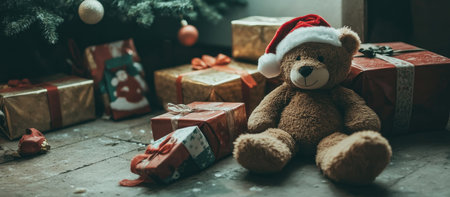 Teddy bear with christmas gifts on the wooden floor at homeの素材