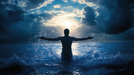 Silhouette of a woman standing in the sea with her arms raisedの素材