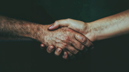 Old woman and man holding hands on dark background. Concept of elderly people.の素材