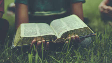 Boy reading a book on the grass in the park. Selective focus.の素材