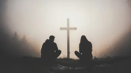 Silhouette of a man and a woman praying in front of a cross.の素材