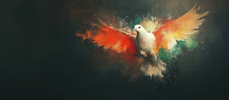 Pigeon with colorful paint splashes on a grunge backgroundの素材