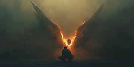 Man praying in front of an angel wings. 3d illustration.の素材