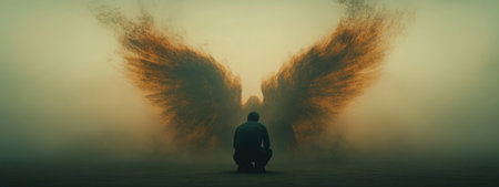 Silhouette of a man with wings in front of a foggy backgroundの素材