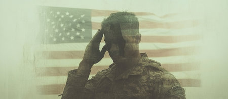 Double exposure of soldier in uniform with american flag. Selective focus.の素材