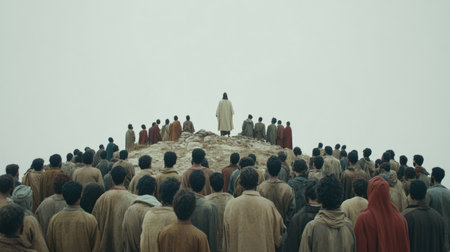 Rear view of a group of people standing on the top of a mountain.の素材