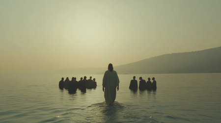 Silhouette of a Muslim man in a white robe standing in the middle of the crowd of people in the sea at sunsetの素材