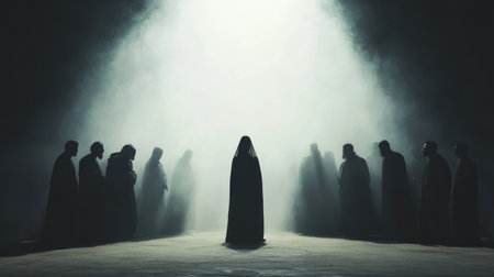 Mysterious silhouette of a group of people on a dark backgroundの素材