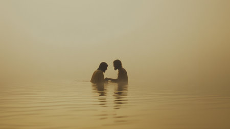 Couple in the water in the misty morning at sunrise.の素材