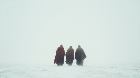 Rear view of two women in fur coats walking through the snowの素材