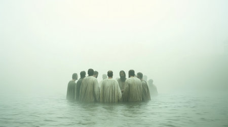Rear view of a group of people sitting in the water with fogの素材