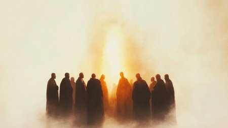 Silhouette of a group of people standing in front of a burning rocketの素材