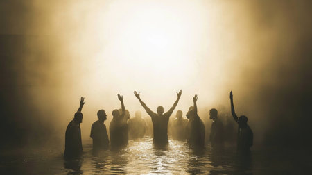 Silhouette of a group of people raising their hands in the waterの素材