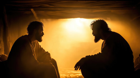 Two men in a yurt at night in the light of the setting sunの素材