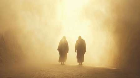 Two women walking in the fog. Concept of death and death.の素材