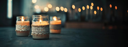 Burning candles in glass jars on dark background with bokeh.の素材