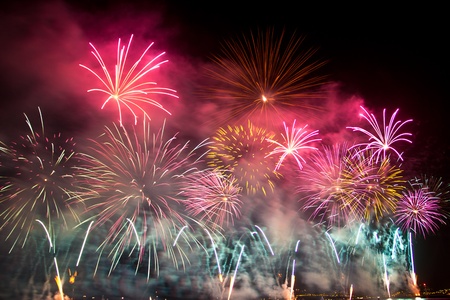 a shot of some beautiful fireworks at the beach in Cannes, France の写真素材
