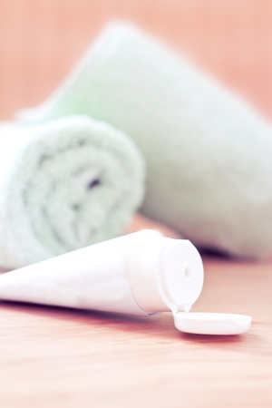 towel and lotion for a daily spa bath imageの写真素材