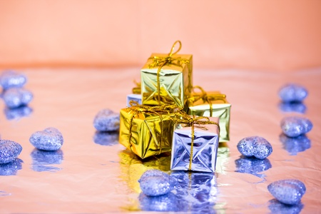 Christmas gift decorations with reflectionの写真素材