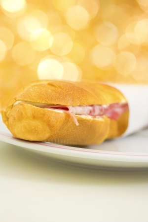baguette bread with ham and cheese for a snackの写真素材