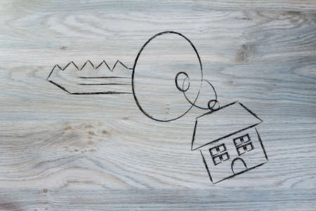 keys with house keyring, concept of buying or selling homeの写真素材
