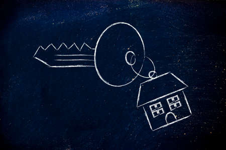keys with house keyring, concept of buying or selling homeの写真素材