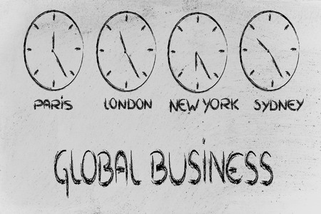 time zone & clocks representing the role of time management in a global businessの写真素材