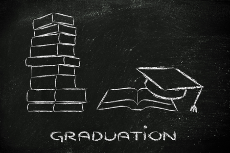 books and graduation cap: university degrees, education, learning new thingsの写真素材