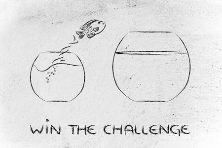 think unconventionally and free your mind, fish jumping into a bigger bowlの写真素材